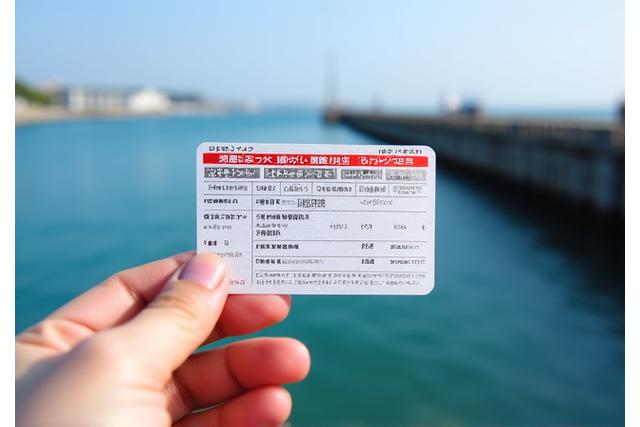 横浜の釣り場で許可証を提示する釣り人の手、背景に海と桟橋