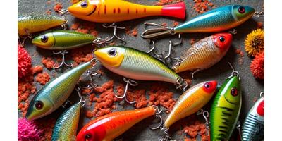 色とりどりのルアーと釣り餌のコレクション