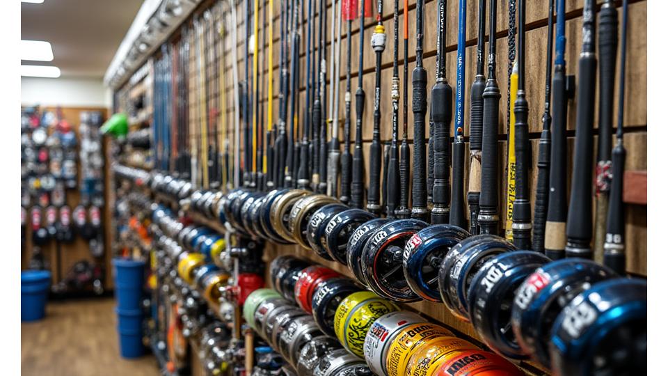 ずらりと並んだ中古の釣り竿やリール、ルアーなど